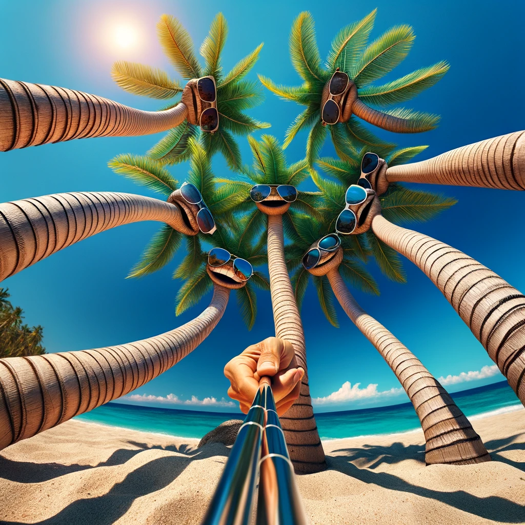 A silly image of a group of palm trees wearing sunglasses, bending towards the camera as if taking a group selfie. The clear blue sky and sandy beach serve as a perfect backdrop. The caption reads: "Palm trees' group selfie: Branching out."