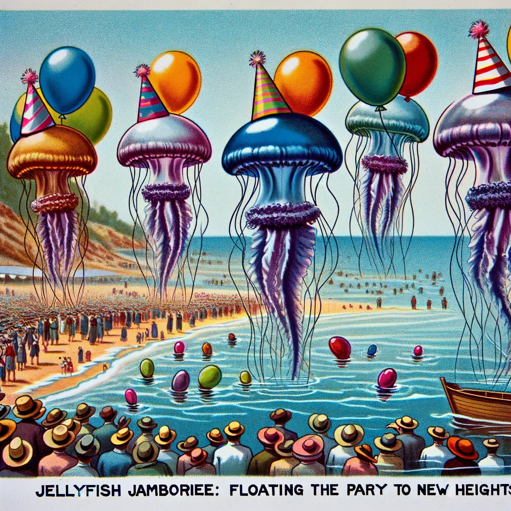 An amusing scene where a group of jellyfish, wearing party hats, float above the water, with colorful balloons tied to them. The beach is lively with spectators. The caption reads: "Jellyfish jamboree: Floating the party to new heights."