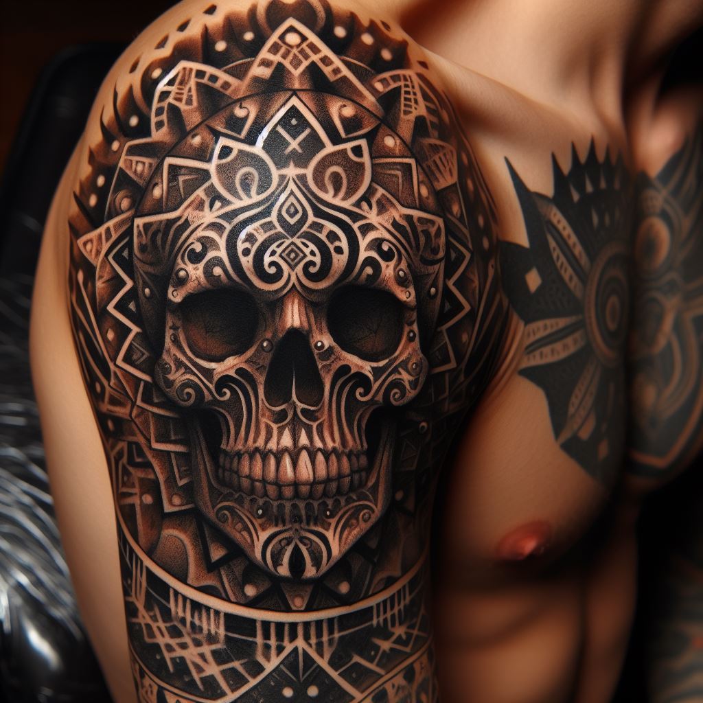 A tattoo of a skull adorned with traditional tribal patterns, positioned on the upper arm, combining the raw essence of ancient cultures with the universal symbol of death.