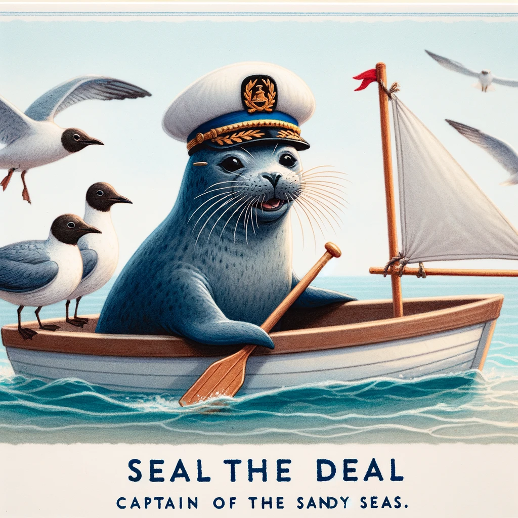 A playful scene of a seal wearing a captain's hat, navigating a small sailboat on the beach shore, with seagulls cheering on. The caption reads: "Seal the deal: Captain of the sandy seas."