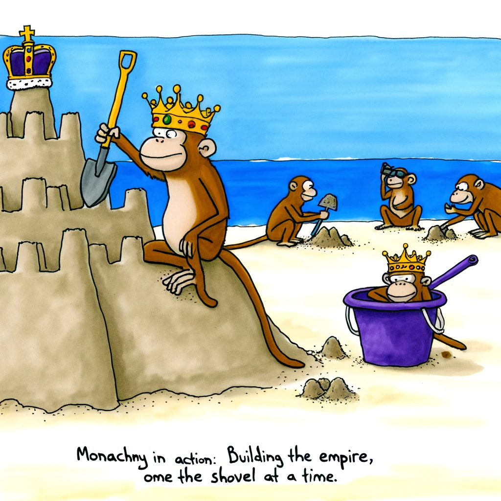 A funny scene of a group of monkeys building a sandcastle fortress on the beach, complete with a moat. One monkey is wearing a king's crown. The caption reads: "Monarchy in action: Building the empire, one shovel at a time."