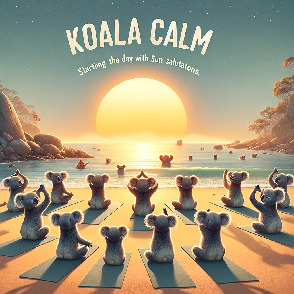 An imaginative scene where a group of koalas are having a yoga session on the beach at sunrise, stretching towards the sun. The caption reads: "Koala calm: Starting the day with sun salutations."