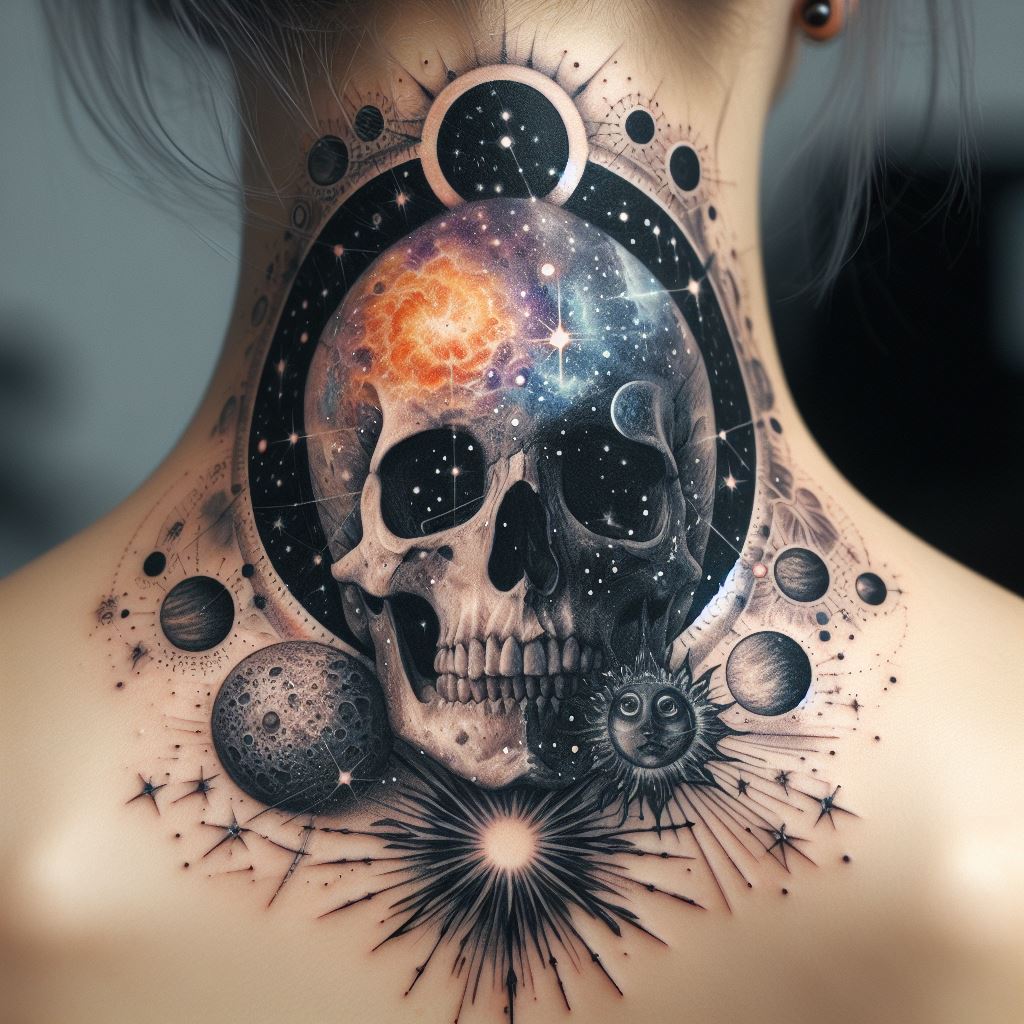 An ethereal tattoo of a skull surrounded by celestial bodies, including stars, moons, and planets, located on the neck, connecting the concept of mortality with the vastness of the universe.