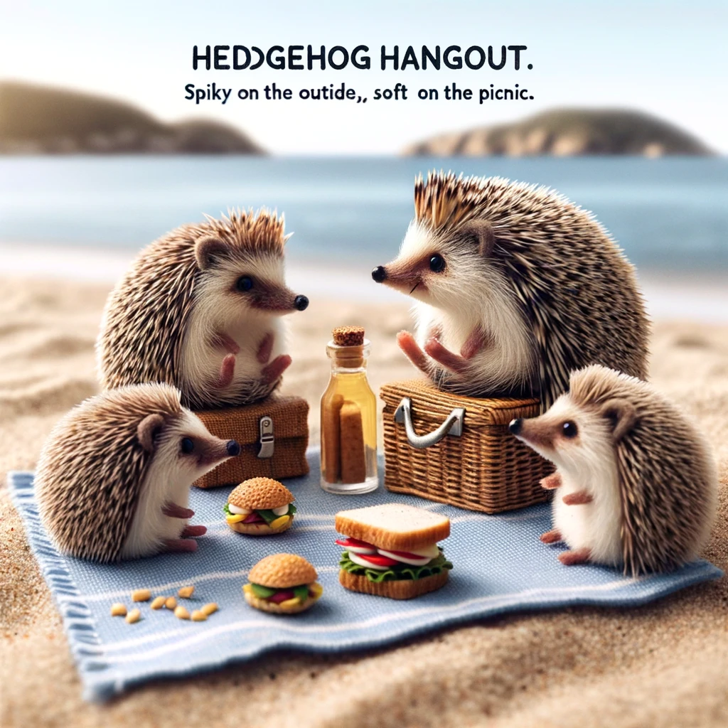 A charming scene on a beach where a group of hedgehogs are having a picnic, complete with a tiny blanket and miniature sandwiches. The caption reads: "Hedgehog hangout: Spiky on the outside, soft on the picnic."