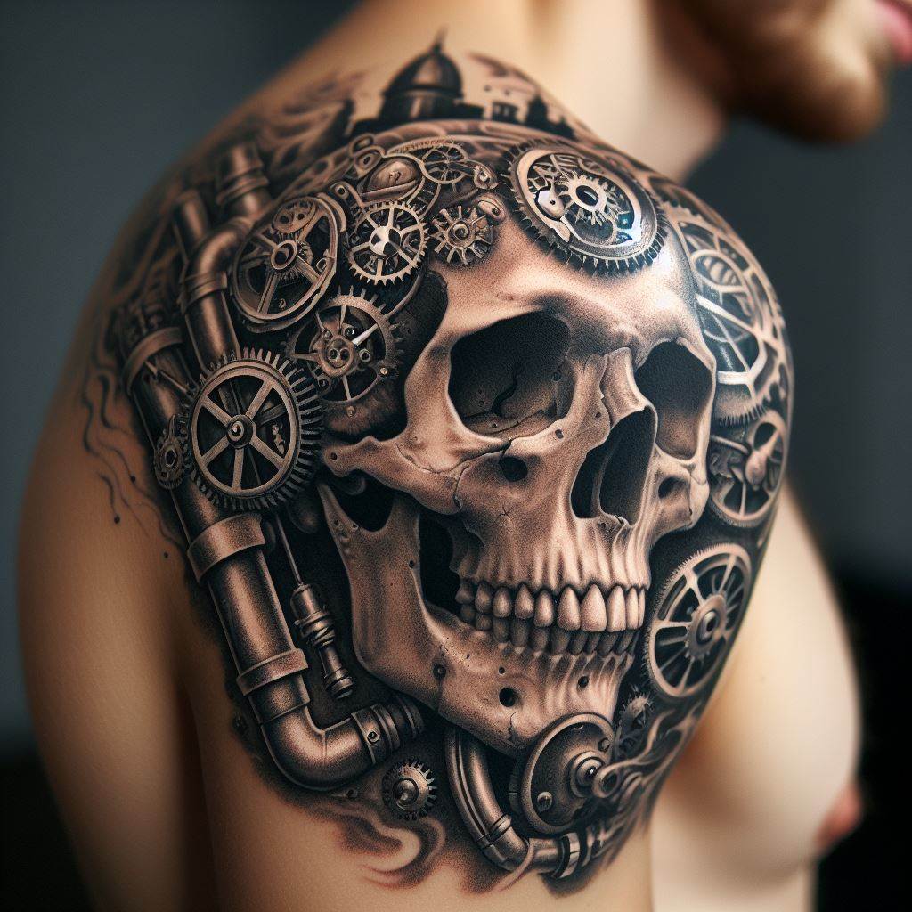 A tattoo of a steampunk skull, detailed with cogs, gears, and steam pipes, positioned on the shoulder, blending Victorian industrial aesthetics with the timeless symbol of mortality.