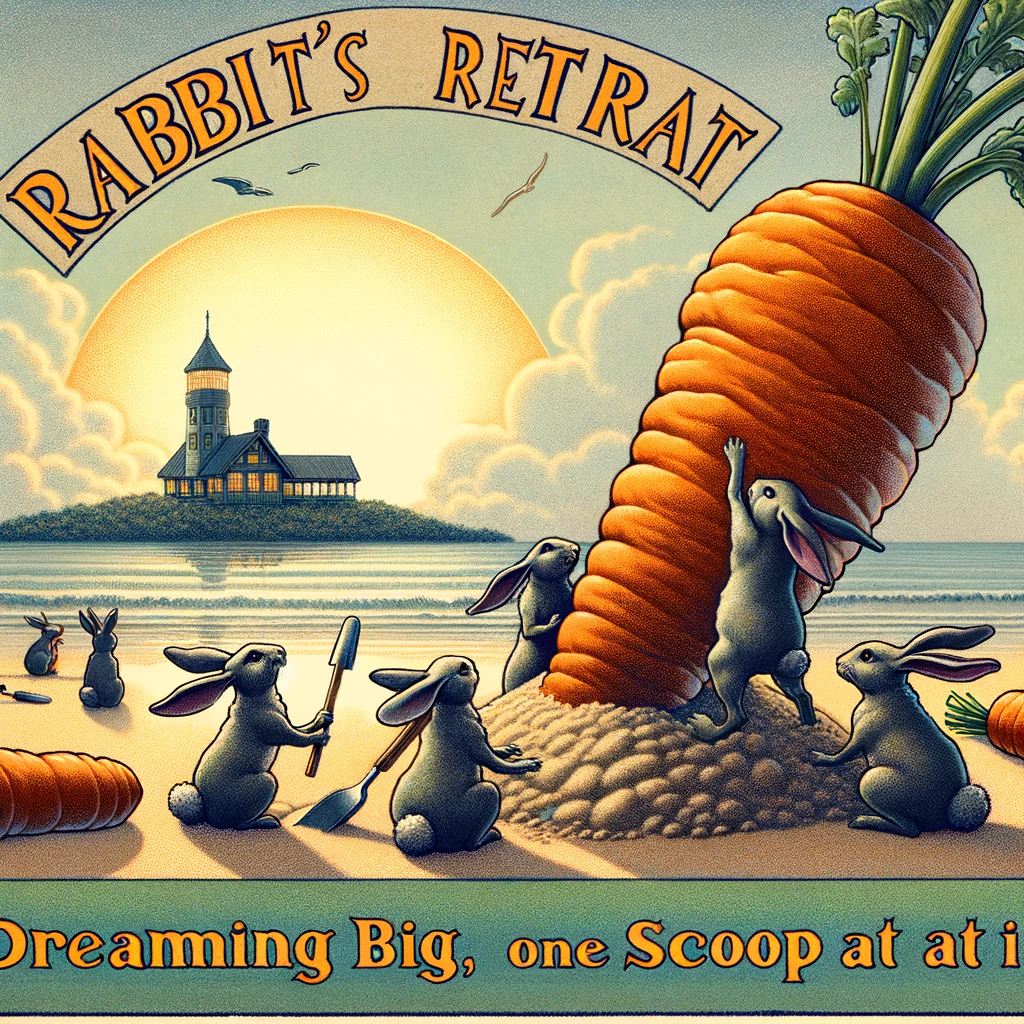 A whimsical scene with a group of rabbits building a giant carrot sand sculpture on the beach. In the background, the sun is setting. The caption reads: "Rabbit's retreat: Dreaming big, one scoop at a time."