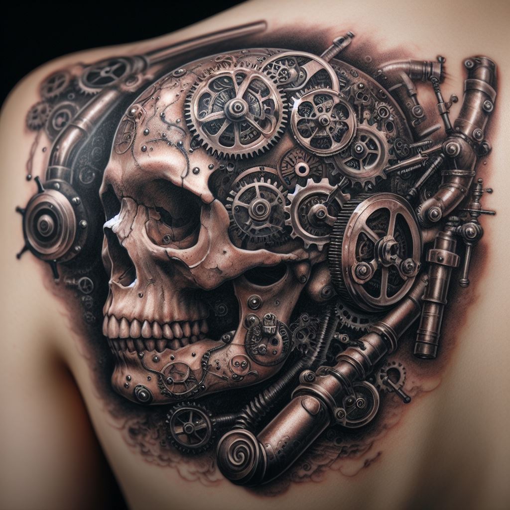 A tattoo of a steampunk skull, detailed with cogs, gears, and steam pipes, positioned on the shoulder, blending Victorian industrial aesthetics with the timeless symbol of mortality.