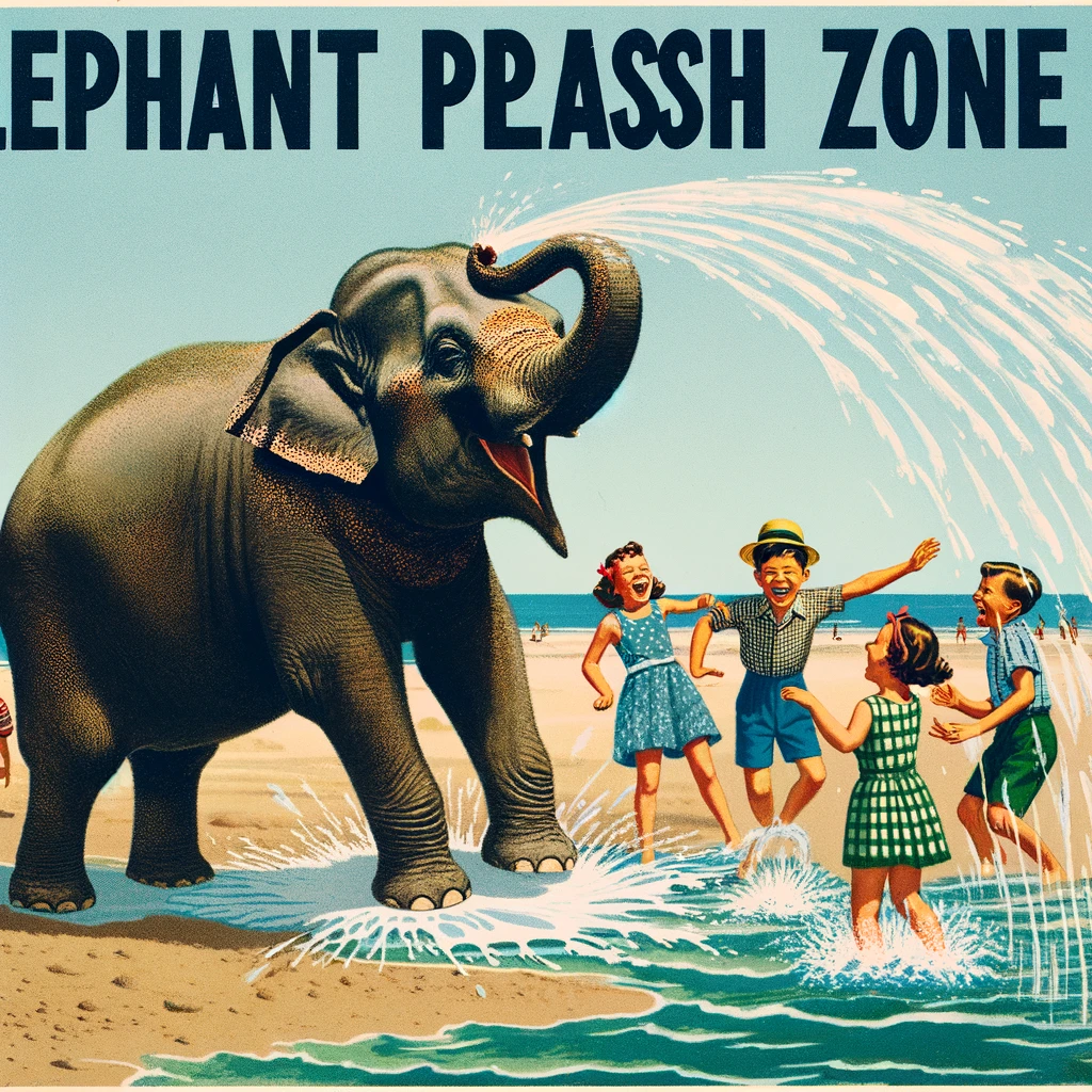 A humorous image of an elephant spraying water with its trunk onto a group of laughing children on the beach. The caption reads: "Elephant splash zone: The coolest place to be this summer."