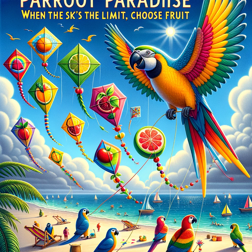 A delightful image of a group of parrots flying kites on the beach, with colorful kites shaped like fruits. The caption reads: "Parrot paradise: When the sky's the limit, choose fruit."