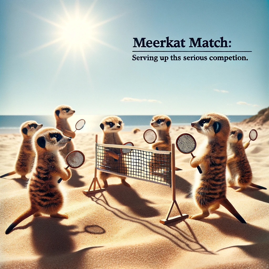 A quirky scene where a group of meerkats are playing beach badminton, using tiny rackets. The sun is high in the sky, casting shadows on the sand. The caption reads: "Meerkat match: Serving up some serious competition."