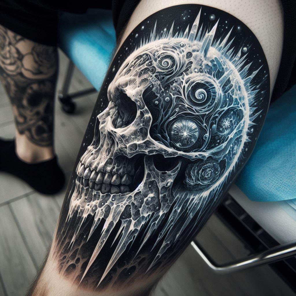 An intricate tattoo of a skull encased in ice, with icicles and frost patterns surrounding it, located on the lower leg, symbolizing the cold embrace of death and the beauty of transience.
