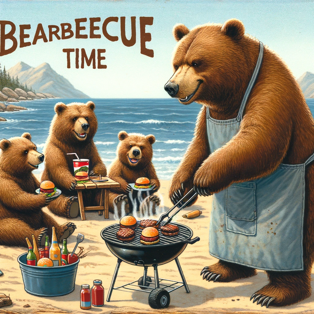An endearing image of a family of bears having a barbecue on the beach, with one bear flipping burgers on a small grill. The caption reads: "Bearbecue time: Grilling and chilling on the shore."