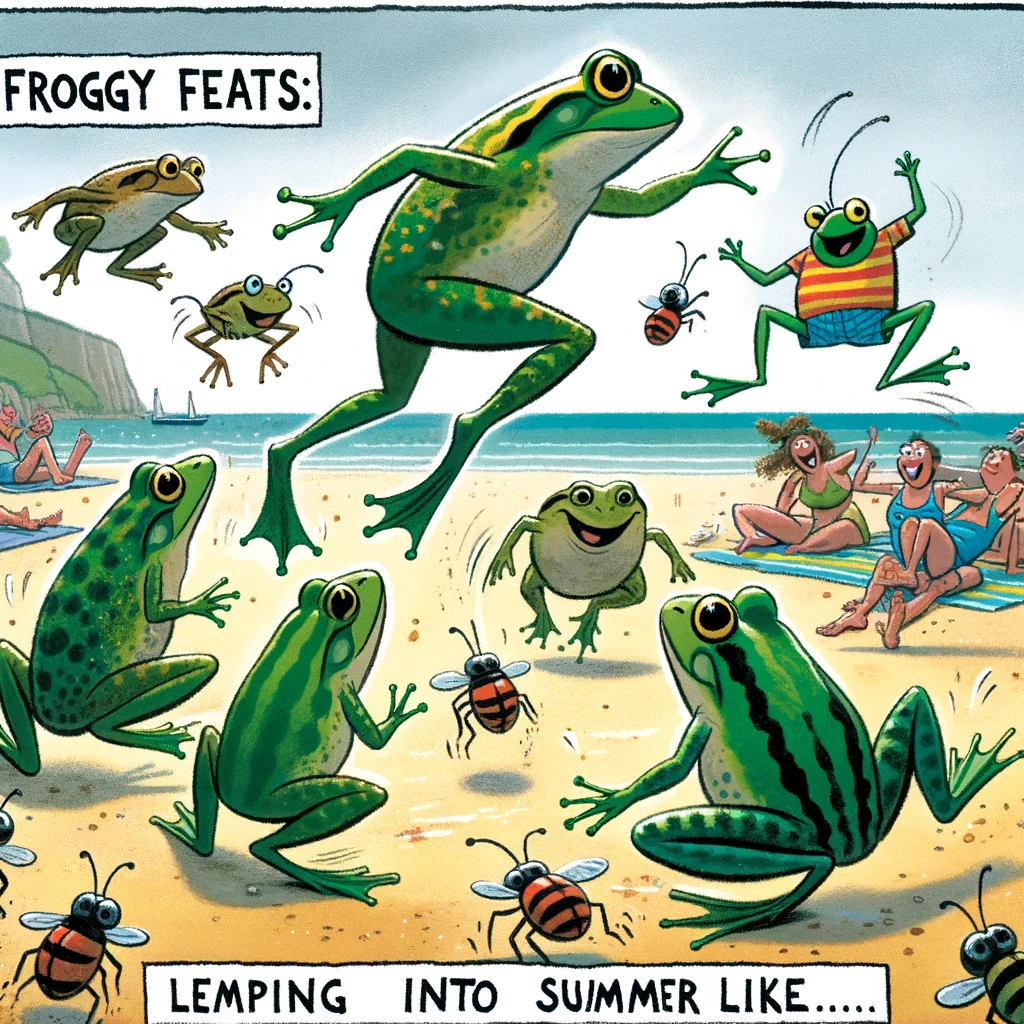 A lighthearted image of a group of frogs having a leapfrog competition on the beach, with a crowd of insects cheering them on. The caption reads: "Froggy feats: Leaping into summer like..."