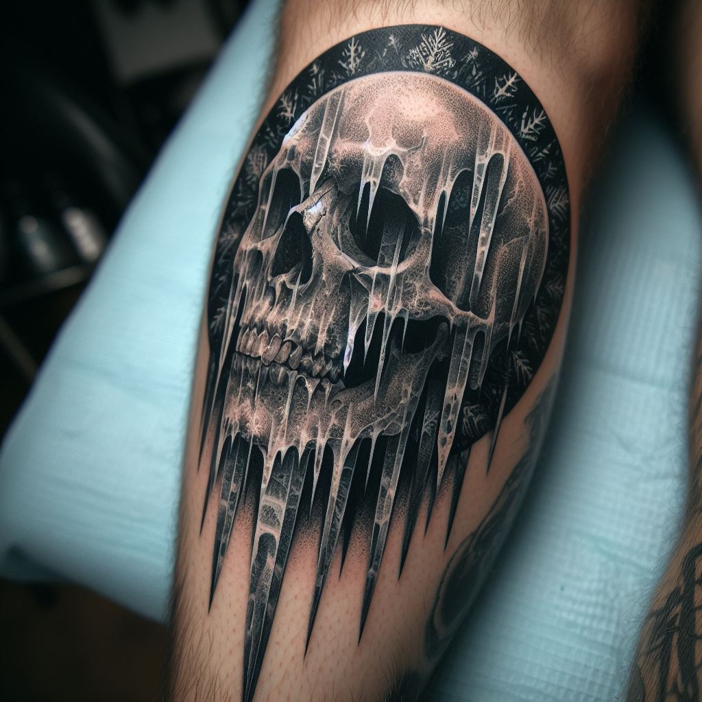 An intricate tattoo of a skull encased in ice, with icicles and frost patterns surrounding it, located on the lower leg, symbolizing the cold embrace of death and the beauty of transience.