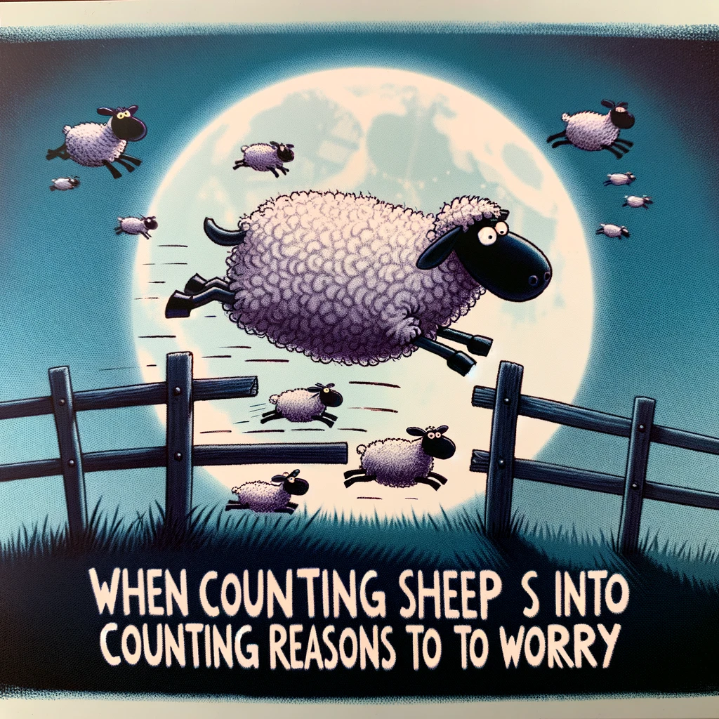 A cartoon image of a sheep jumping over a fence with a moonlit night sky in the background. The caption reads: "When counting sheep turns into counting reasons to worry."