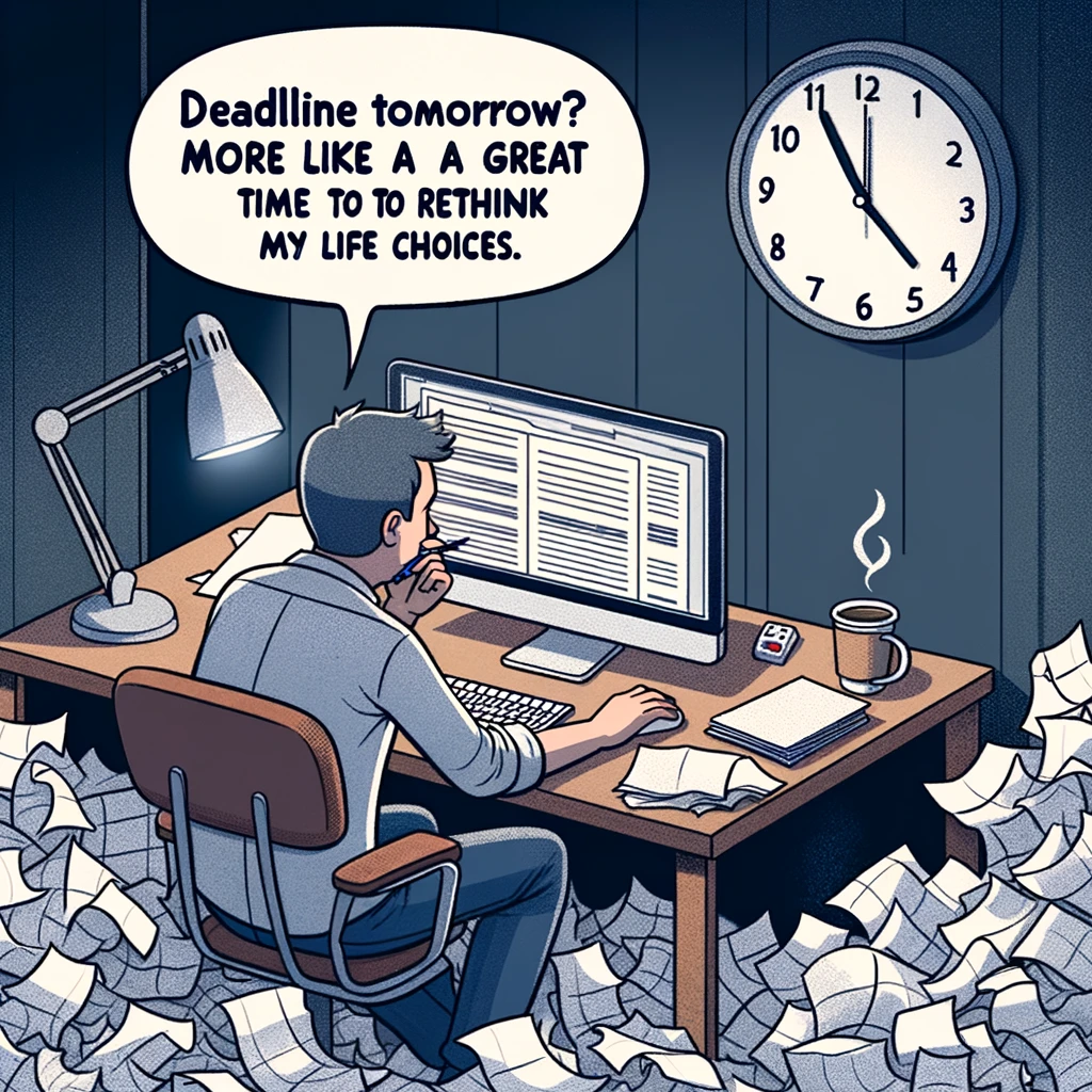 A person sitting at a desk with a computer, surrounded by crumpled papers, a coffee cup, and the clock showing 3 AM. The caption reads: "Deadline tomorrow? More like a great time to rethink my life choices."