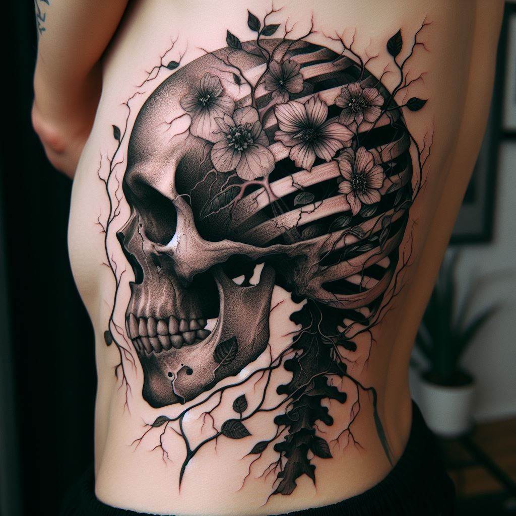 A tattoo featuring a skull with vines and flowers growing from its cracks, positioned on the side of the ribcage, representing life emerging from death, in a delicate balance between decay and growth.