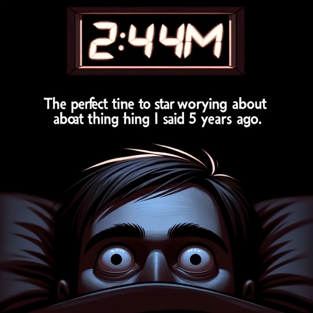 A wide-eyed person staring at the ceiling in a dark room, with a digital clock reading 2:45 AM visible in the background. The caption reads: "2:45 AM: The perfect time to start worrying about that thing I said 5 years ago."