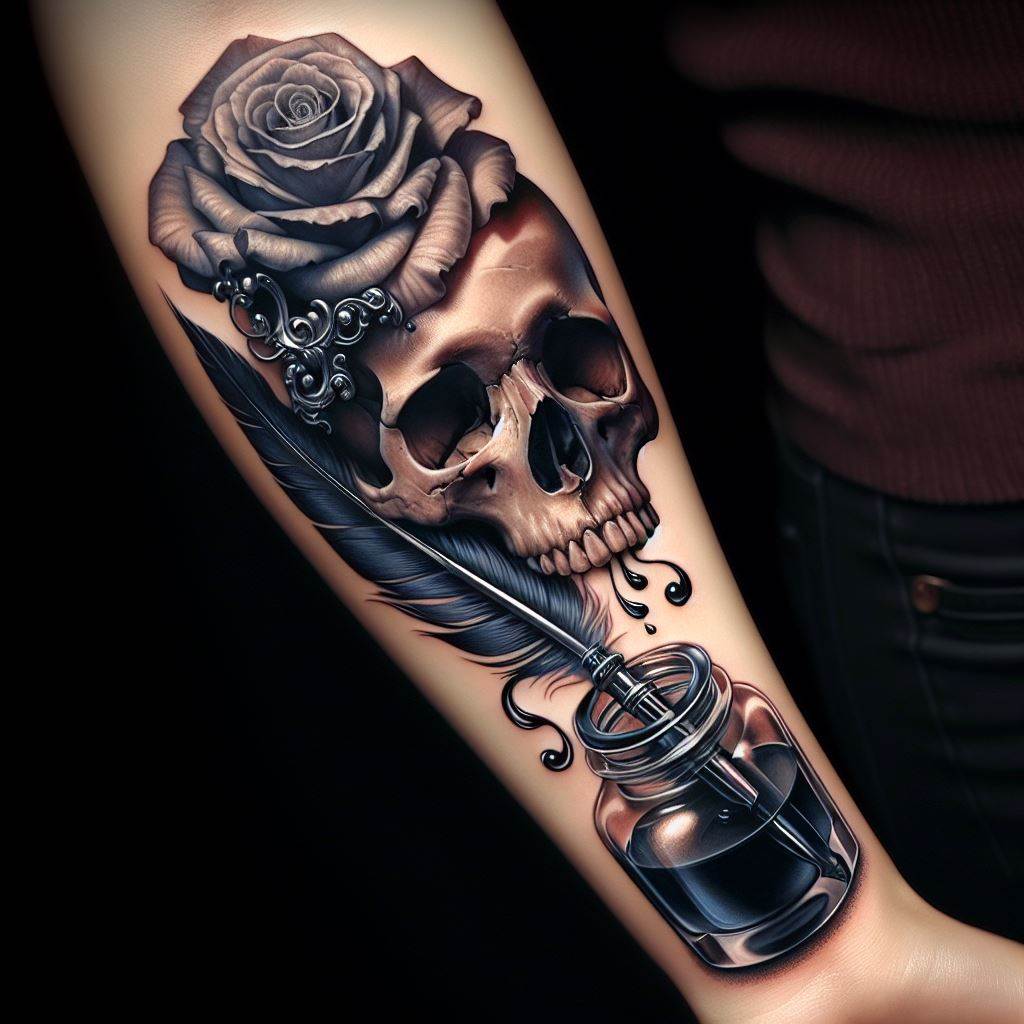 An artistic tattoo of a skull with a quill and inkwell, symbolizing the mortality of writers and the permanence of their words, placed on the inner forearm, merging literary elements with the skull.