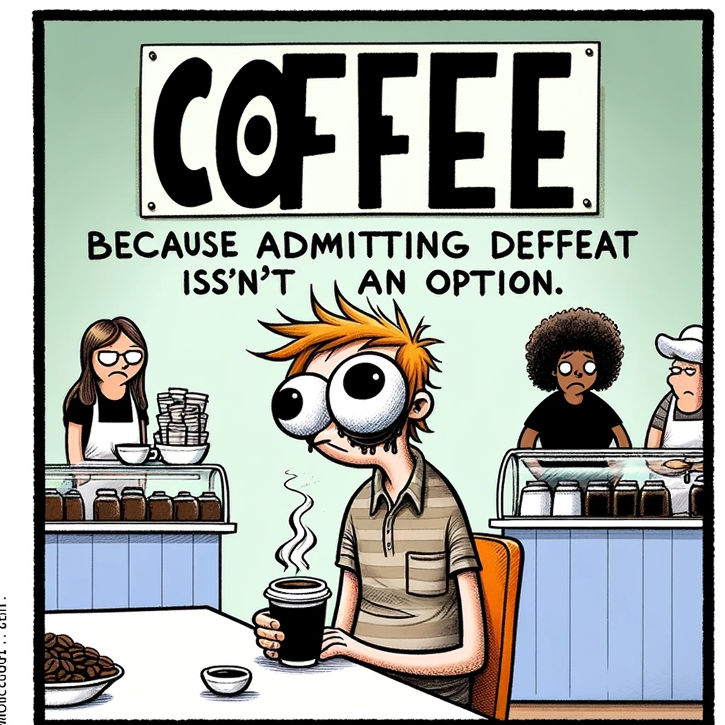 A cartoon of a person at a coffee shop with huge bags under their eyes, holding a cup of coffee. The caption reads: "Coffee: because admitting defeat isn't an option."
