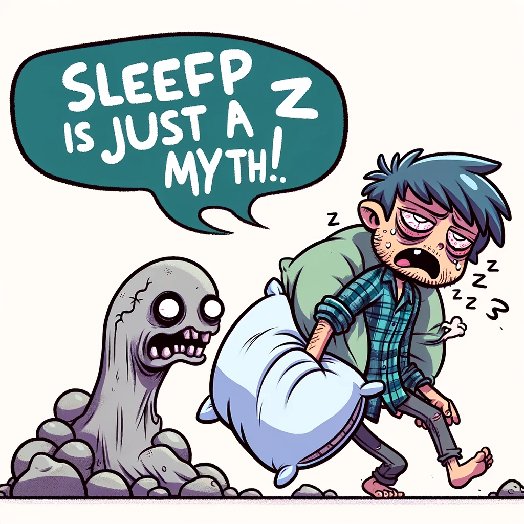 A cartoon of an exhausted person with a pillow and blanket, walking like a zombie with a speech bubble that says: "Sleep is just a myth."