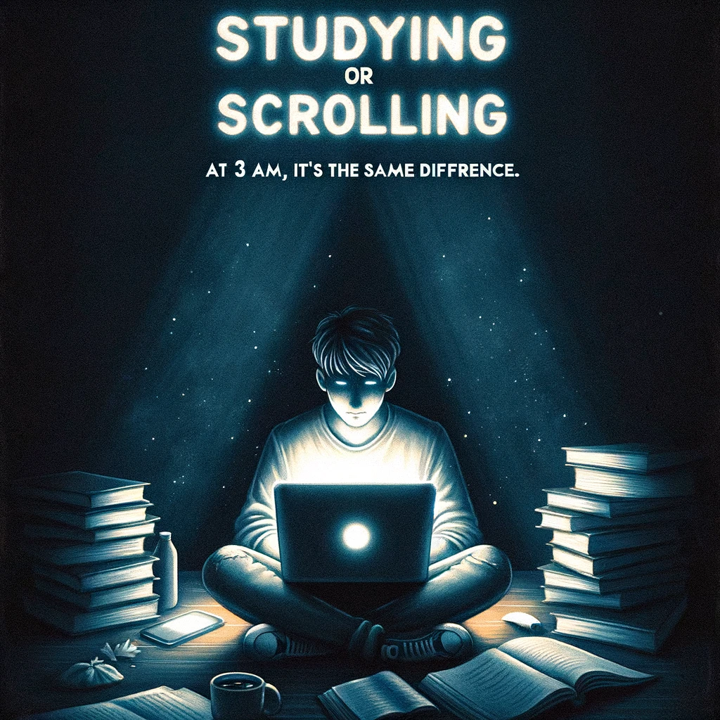 An image of a person sitting in the dark with only the glow of a laptop illuminating their face. Around them are scattered books and notes. The caption reads: "Studying or scrolling? At 3 AM, it's the same difference."