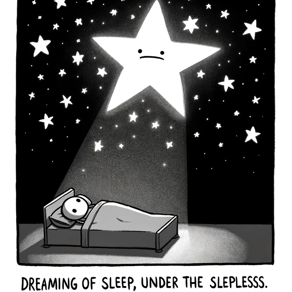 A cartoon of a night sky with stars, where one star is shaped like a bed. Beneath it, a person looks up longingly. The caption reads: "Dreaming of sleep, under the sleepless sky."