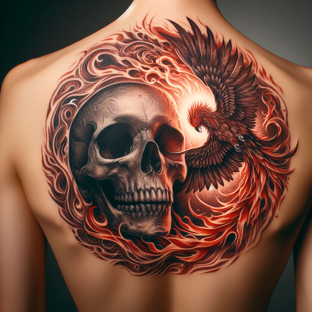 A tattoo of a skull with a phoenix rising from its ashes, located on the back, embodying the themes of rebirth, transformation, and the cyclic nature of life and death.