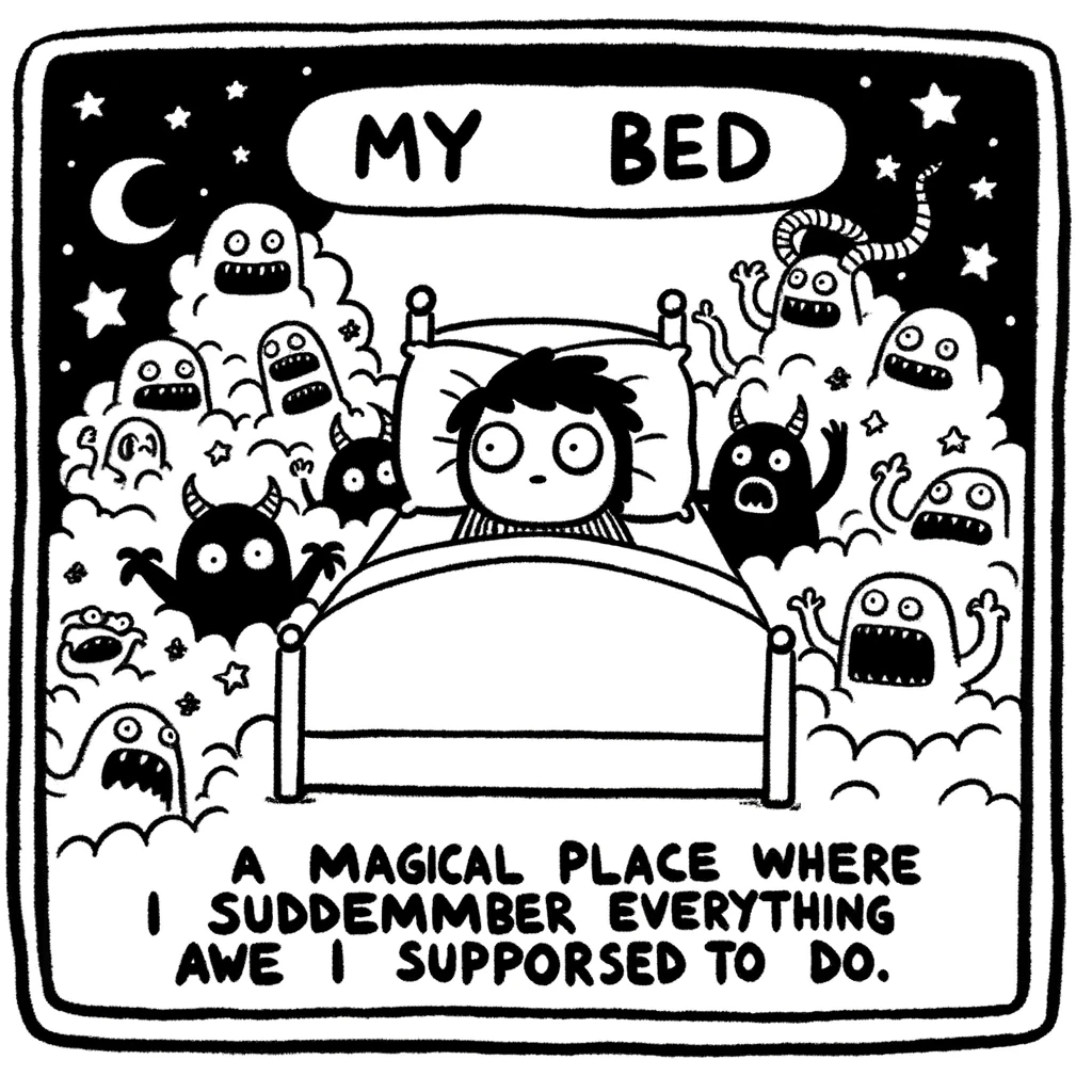 A cartoon of a person lying in bed with eyes wide open, the room filled with imaginary monsters representing worries and stress. The caption reads: "My bed: a magical place where I suddenly remember everything I was supposed to do."
