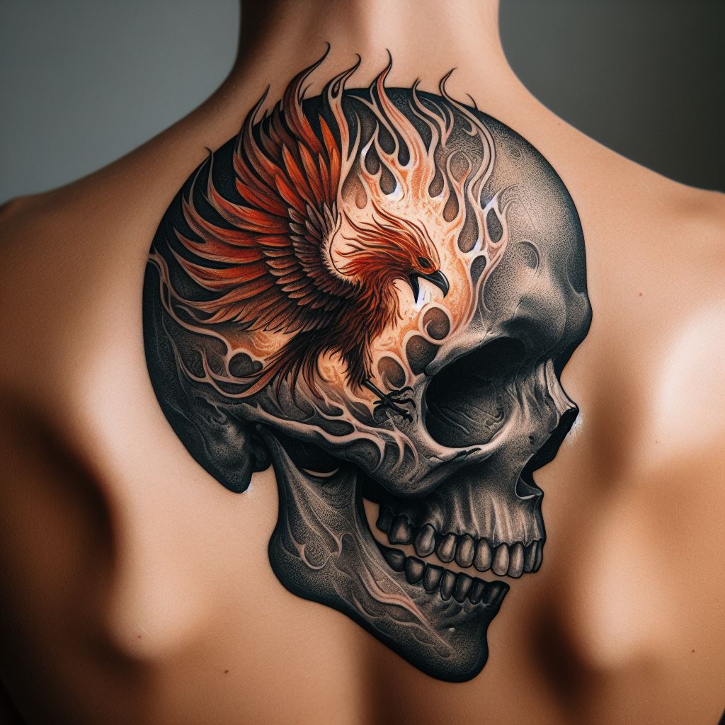 A tattoo of a skull with a phoenix rising from its ashes, located on the back, embodying the themes of rebirth, transformation, and the cyclic nature of life and death.