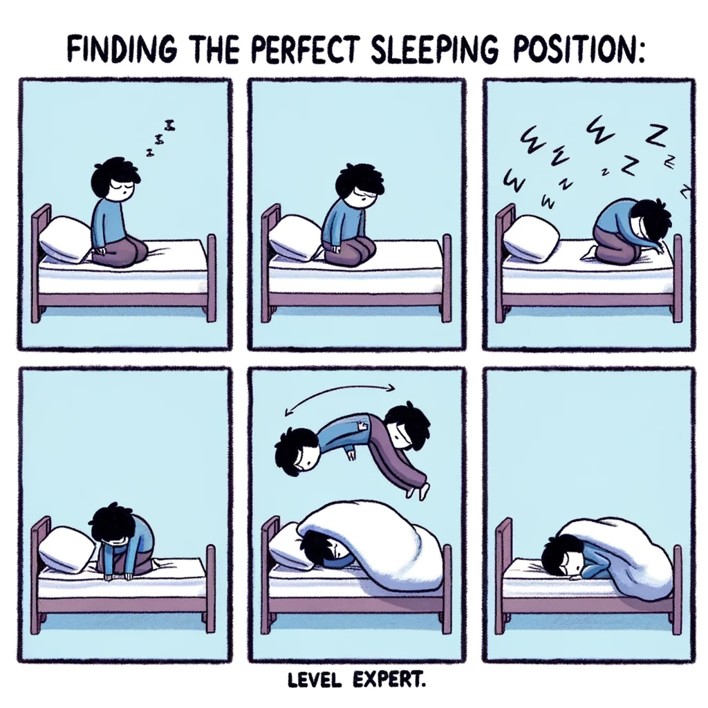A comic strip of a person switching between every possible sleeping position on their bed, with the final panel showing them hanging off the edge of the bed. The caption reads: "Finding the perfect sleeping position: Level Expert."