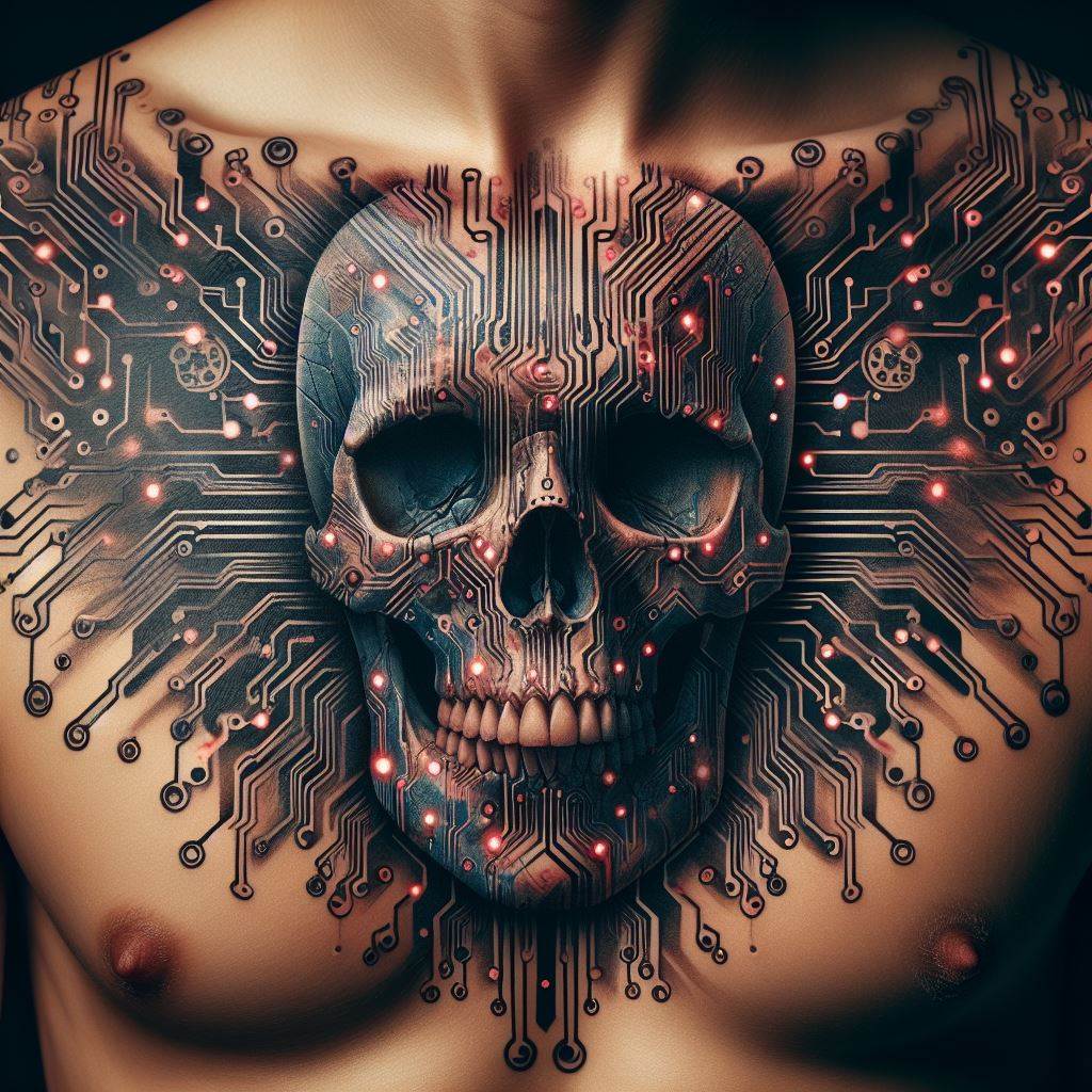 An electric tattoo of a skull superimposed with a digital circuit pattern, positioned on the upper chest, symbolizing the intersection of technology and humanity's ultimate fate.