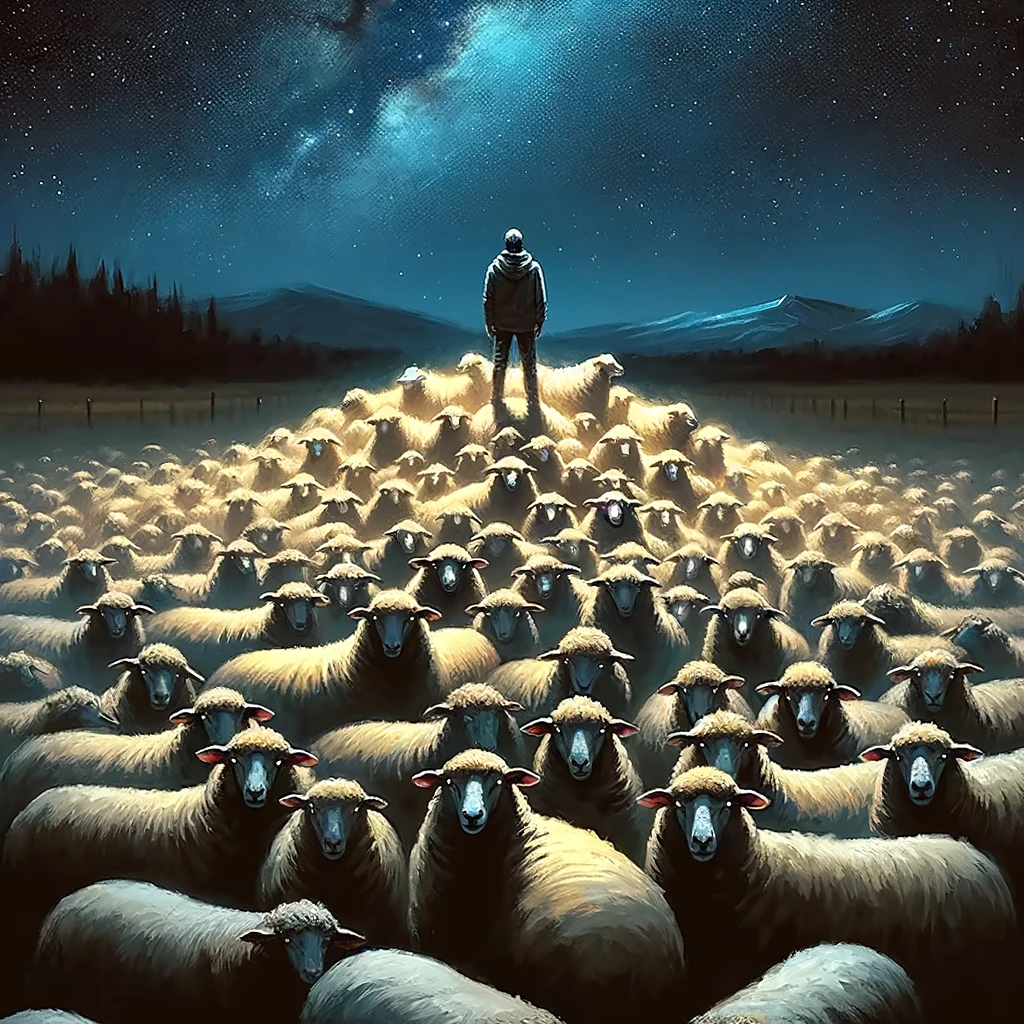 A digital painting of a person staring at a huge pile of sheep, all looking back, under a night sky. The caption reads: "When you've counted all the sheep, and they start counting you."