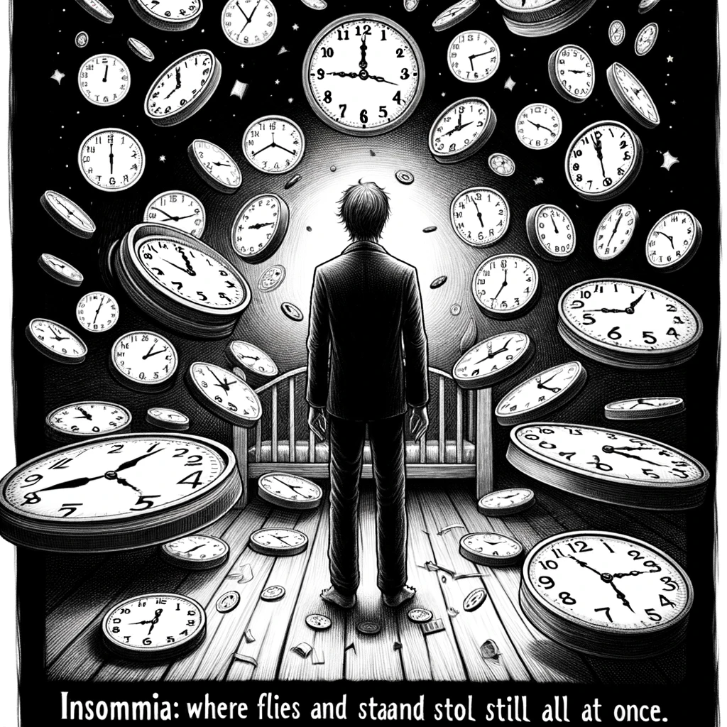 An illustration of a person surrounded by clocks showing different times, with their head spinning. The caption reads: "Insomnia: Where time flies and stands still all at once."