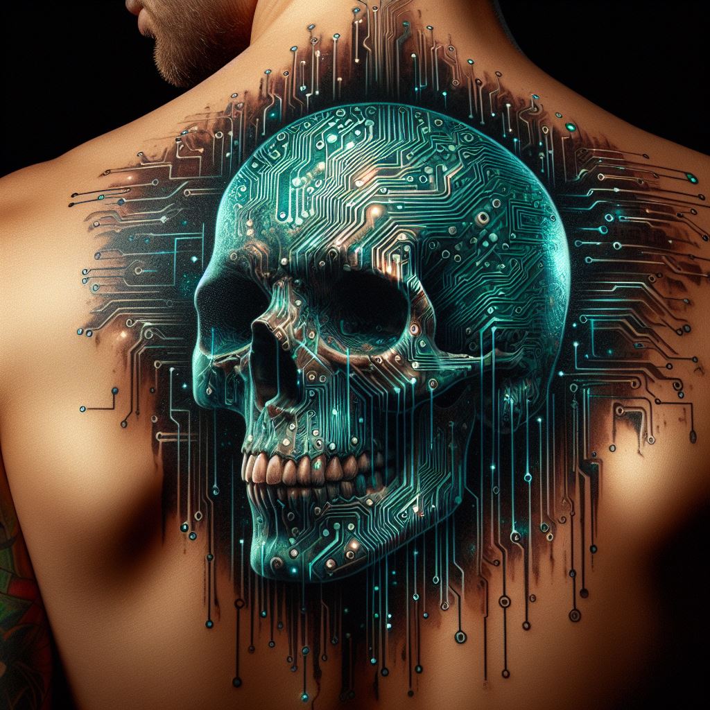 An electric tattoo of a skull superimposed with a digital circuit pattern, positioned on the upper chest, symbolizing the intersection of technology and humanity's ultimate fate.