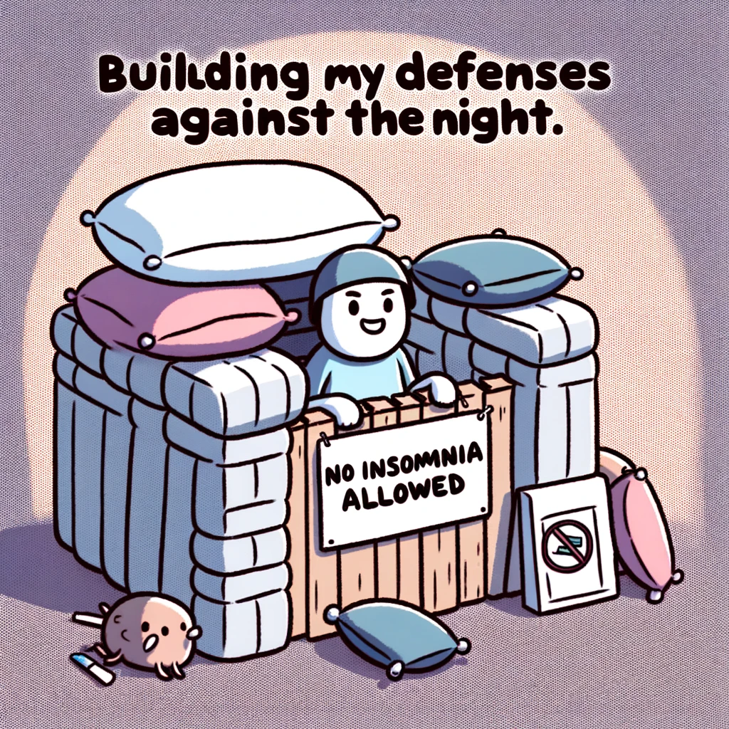 A funny image of a person making a fort out of pillows and blankets, with a sign that says "No Insomnia Allowed". The caption reads: "Building my defenses against the night."