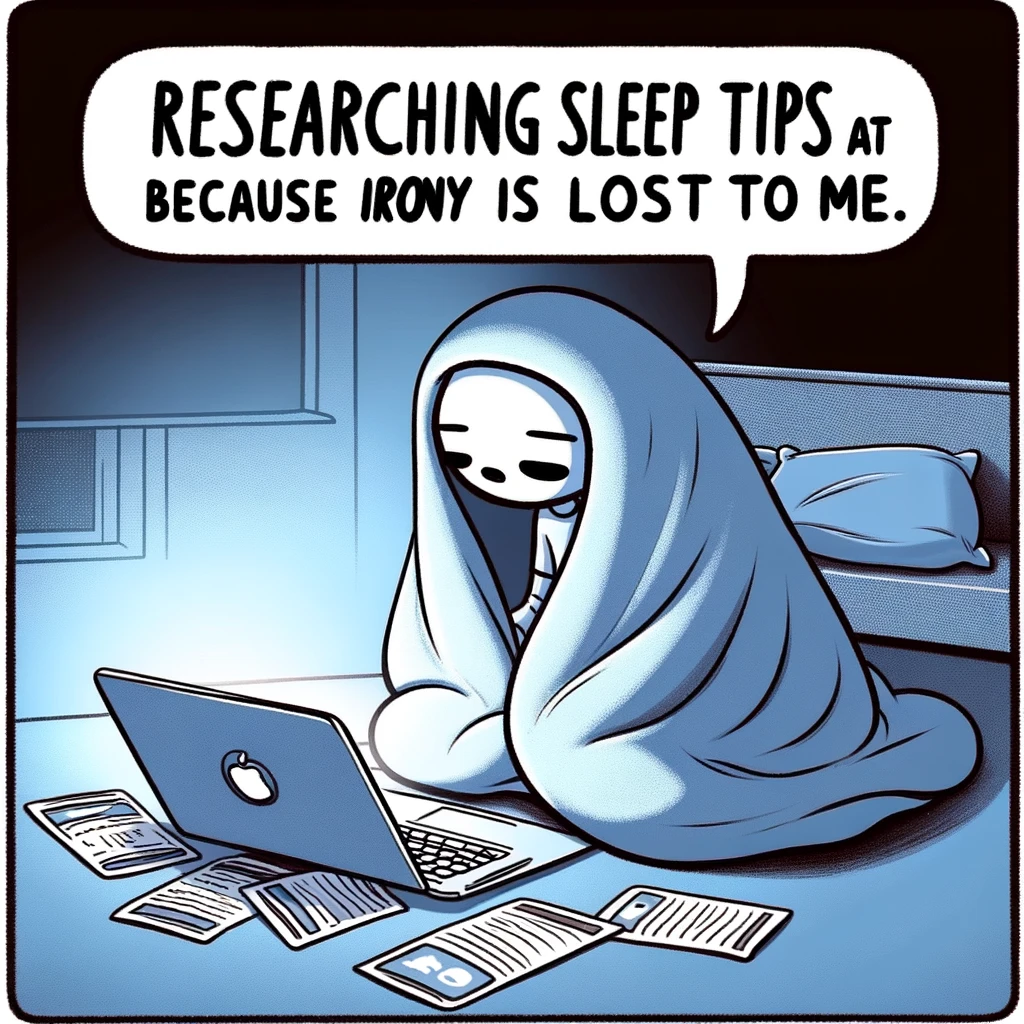 A cartoon of a person with a blanket over their head, sitting in front of a laptop with a bunch of open tabs. The caption reads: "Researching sleep tips at 4 AM - because irony is lost on me."
