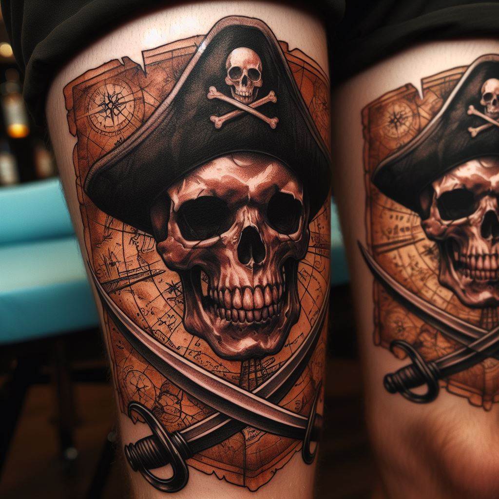 A tattoo featuring a pirate skull with crossed swords and a treasure map in the background, placed on the calf, evoking the adventurous spirit and the perilous allure of the high seas.