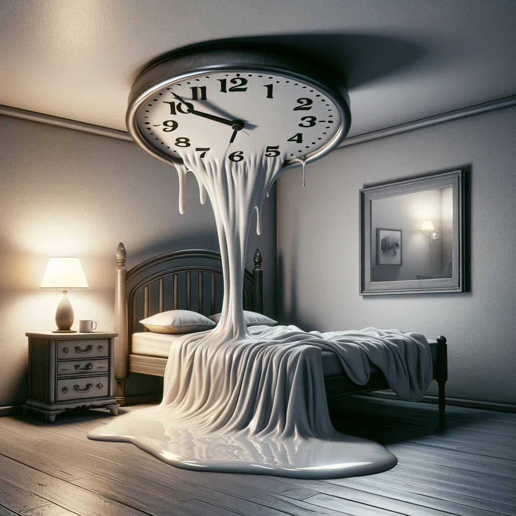 A surreal image of a clock melting over a nightstand next to a bed, in a room that defies gravity with furniture on the ceiling. The caption reads: "Time melts away when you're trying to catch some Z's."