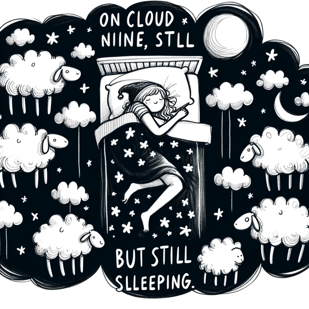 A whimsical drawing of a person lying in bed, surrounded by dreamy clouds and floating sheep. The caption reads: "On cloud nine, but still not sleeping."