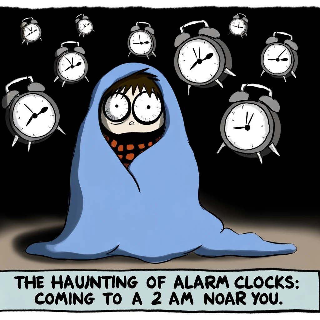 A cartoon of a wide-eyed person under a blanket, surrounded by a dark room filled with floating alarm clock faces. The caption reads: "The haunting of alarm clocks: coming to a 2 AM near you."
