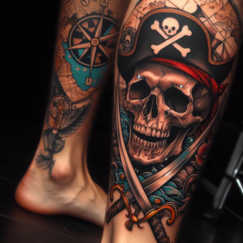 A tattoo featuring a pirate skull with crossed swords and a treasure map in the background, placed on the calf, evoking the adventurous spirit and the perilous allure of the high seas.
