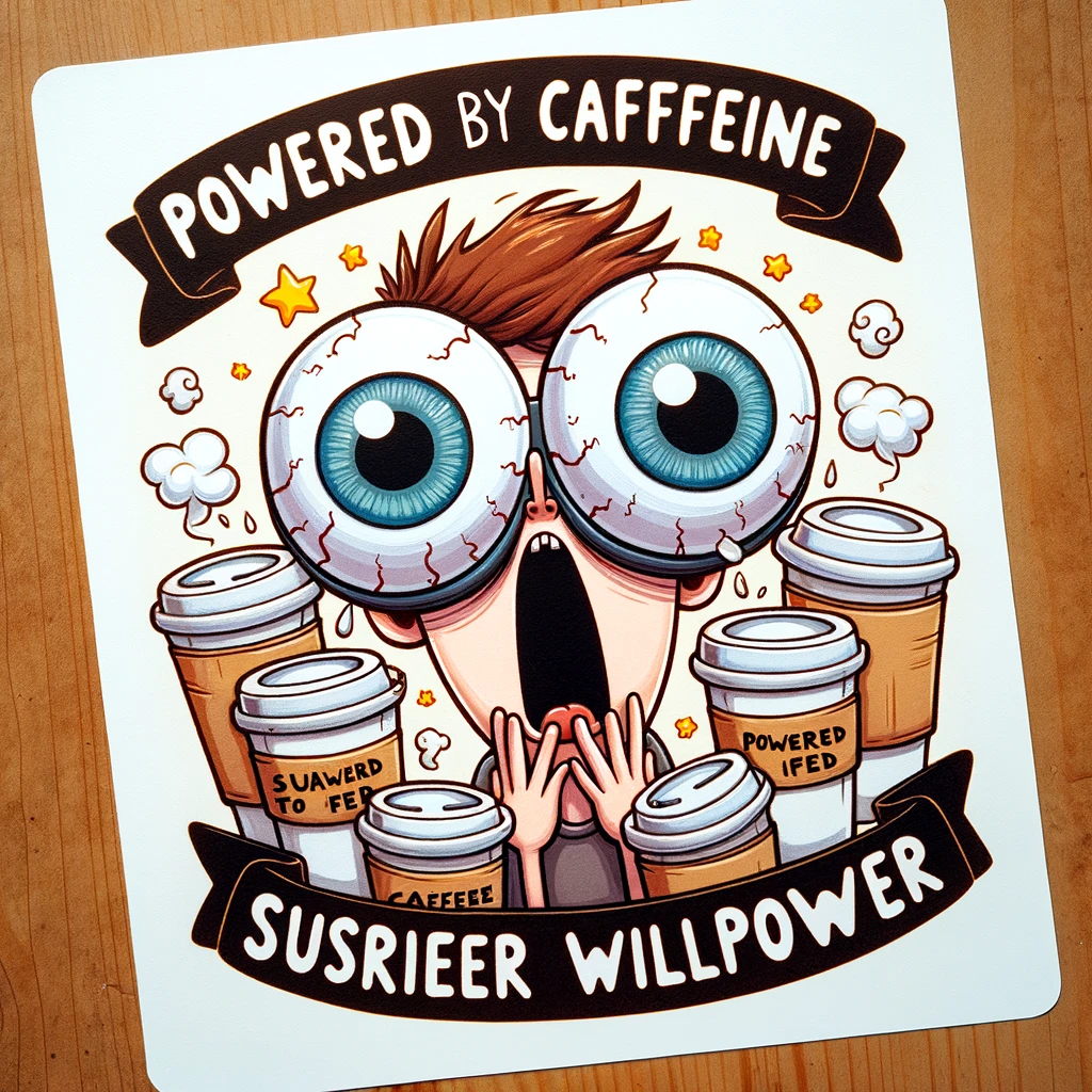 A playful illustration of a person yawning with exaggeratedly large eyes, surrounded by multiple coffee cups. The caption reads: "Powered by caffeine, sustained by sheer willpower."