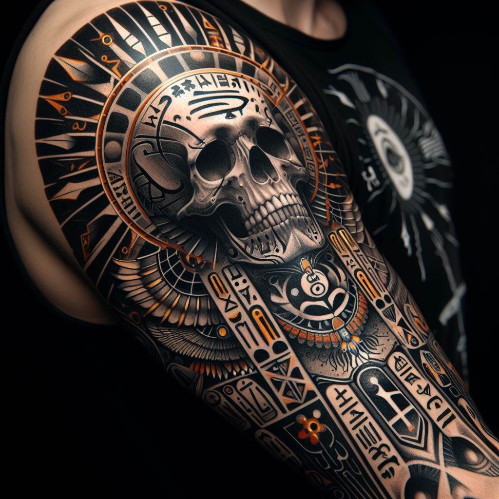 An ancient-themed tattoo of a skull surrounded by Egyptian hieroglyphics and symbols, located on the upper arm, connecting the concept of death with the rich mysticism of ancient civilizations.