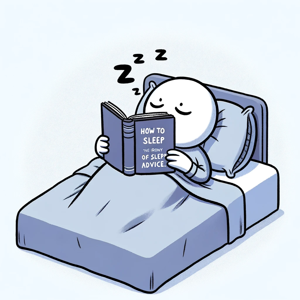 An illustration of a sleepy person trying to read a book on 'How to Sleep Better,' but falling asleep on the book instead. The caption reads: "The irony of sleep advice."
