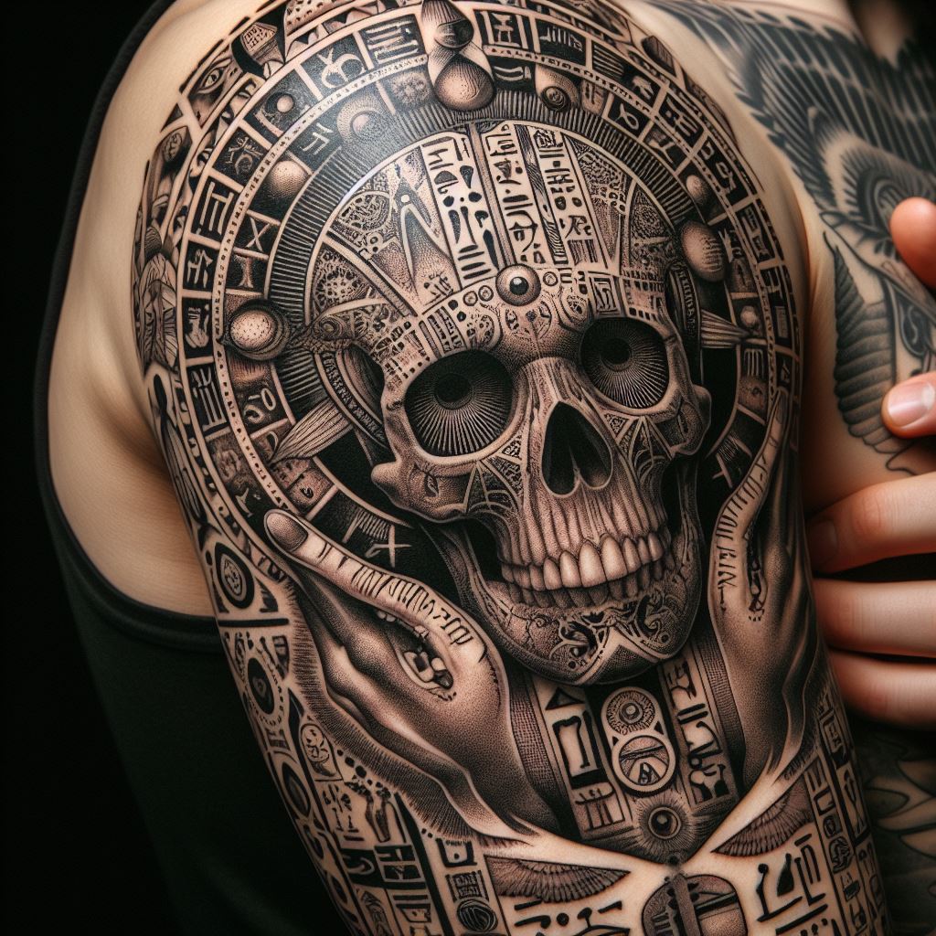 An ancient-themed tattoo of a skull surrounded by Egyptian hieroglyphics and symbols, located on the upper arm, connecting the concept of death with the rich mysticism of ancient civilizations.