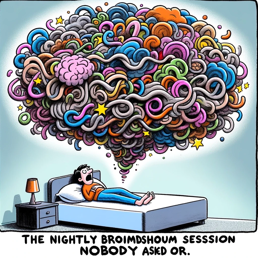 A cartoon showing a person tossing in bed with a thought bubble filled with random, swirling colors, symbolizing overwhelming thoughts. The caption reads: "The nightly brainstorm session nobody asked for."