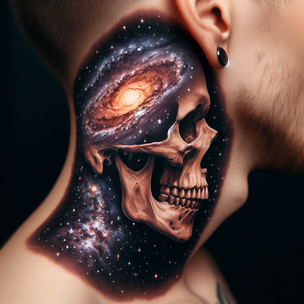 A tattoo of a skull with a cosmic galaxy pattern within, positioned on the side of the neck, illustrating the vastness of the universe and our small place within it, juxtaposed with the personal symbol of mortality.