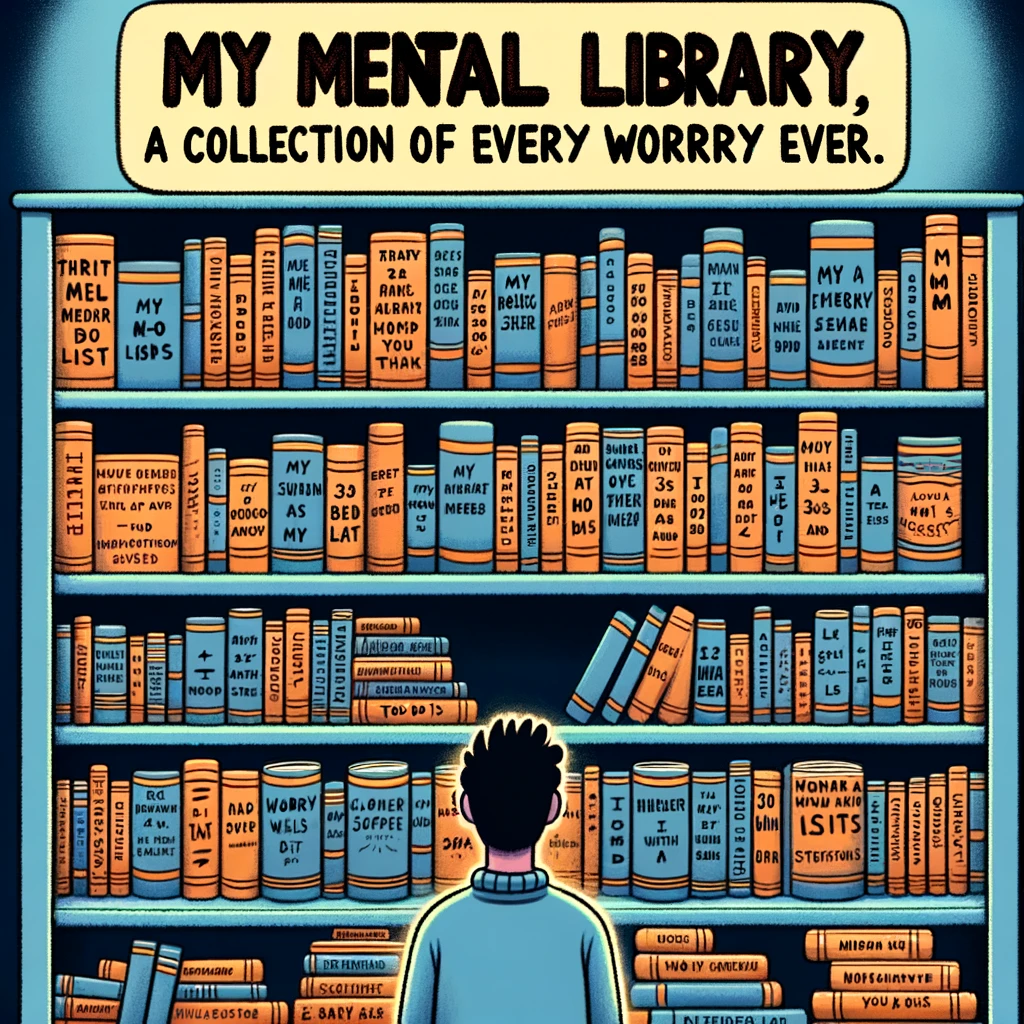 An image depicting a person surrounded by bookshelves, each filled with books titled with various worries and to-do lists. The caption reads: "My mental library at 3 AM: A collection of every worry ever."