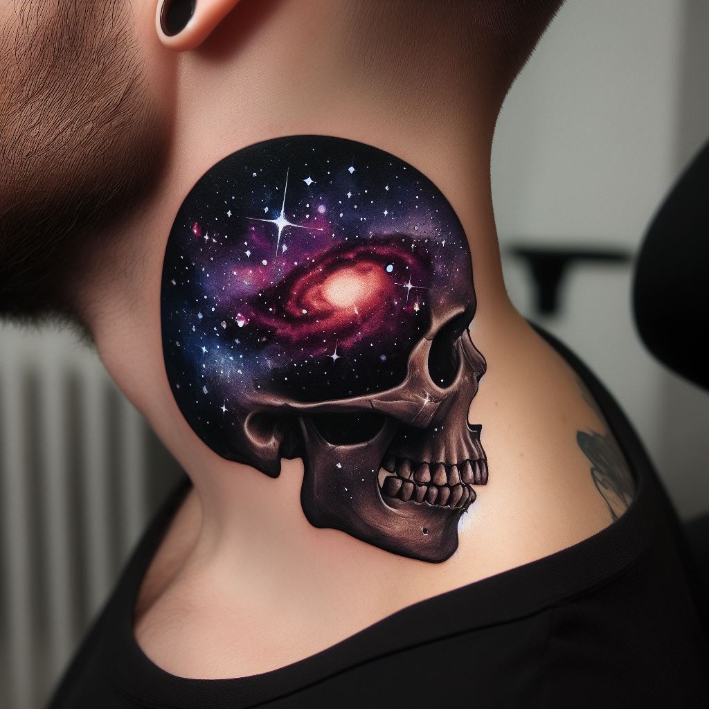 A tattoo of a skull with a cosmic galaxy pattern within, positioned on the side of the neck, illustrating the vastness of the universe and our small place within it, juxtaposed with the personal symbol of mortality.